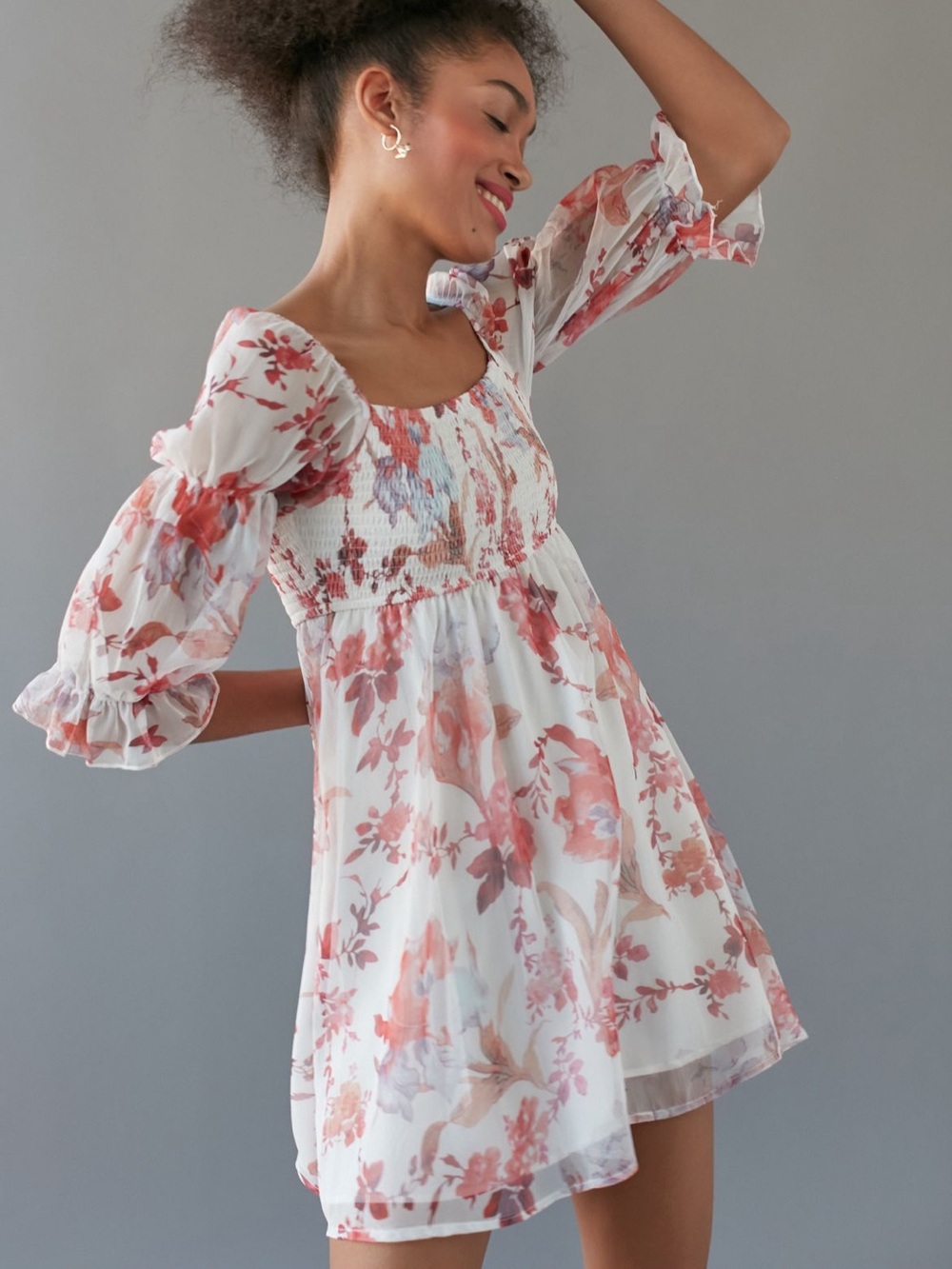 White Floral Puff-Sleeve Dress